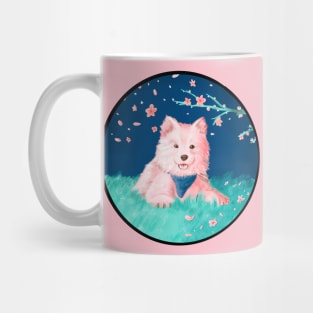 Samoyed Puppy sitting under cherry blossoms Mug